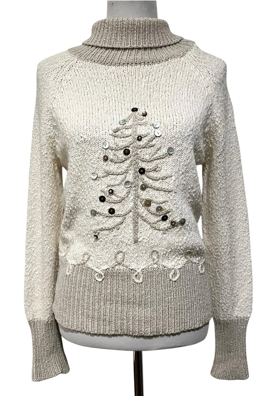 Vintage Talbots Christmas Sweater Turtleneck Cream Button Tree Cotton Silk Sz M